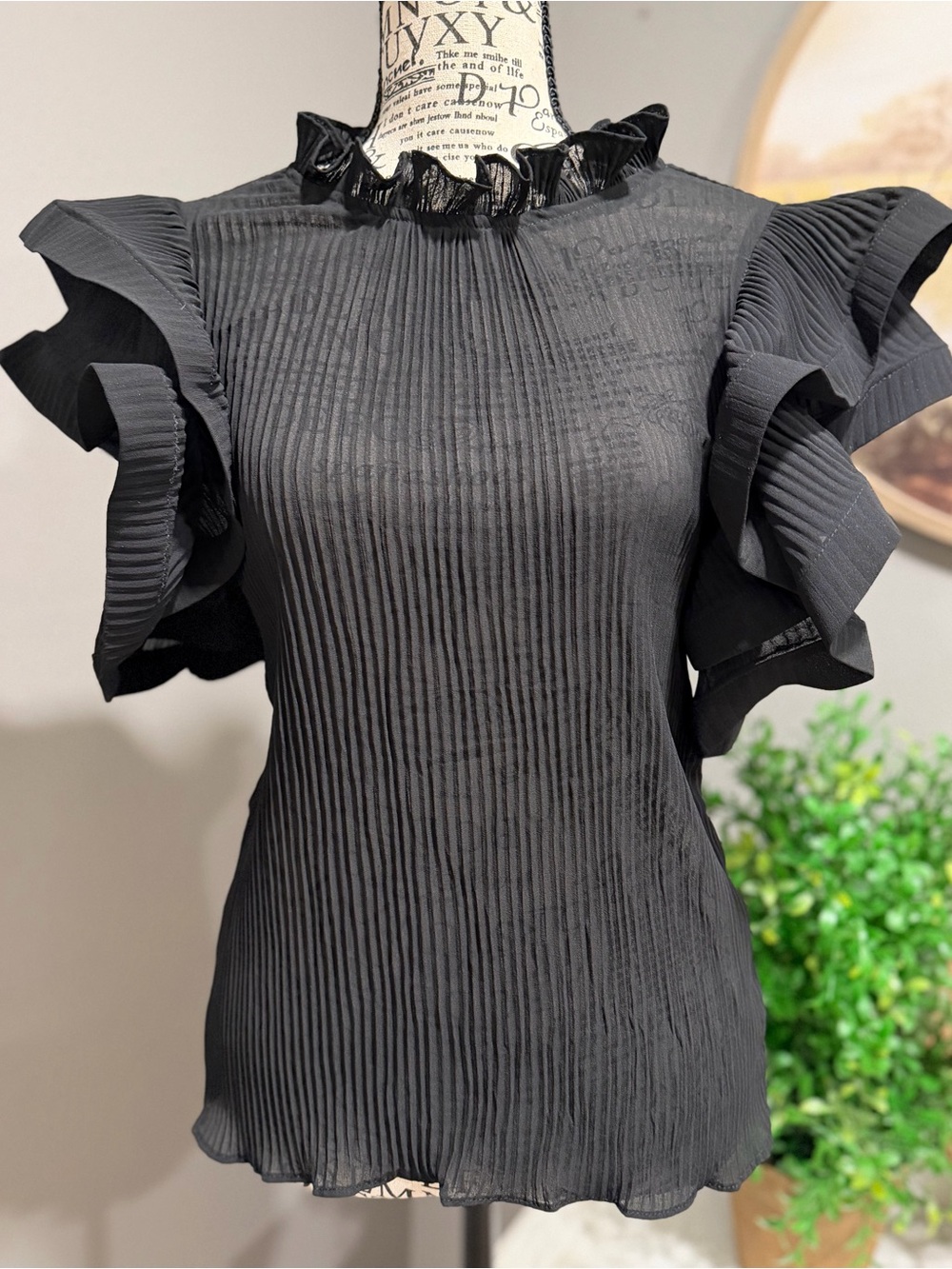 Lovesong Black Pleated Top with Ruffle Detail